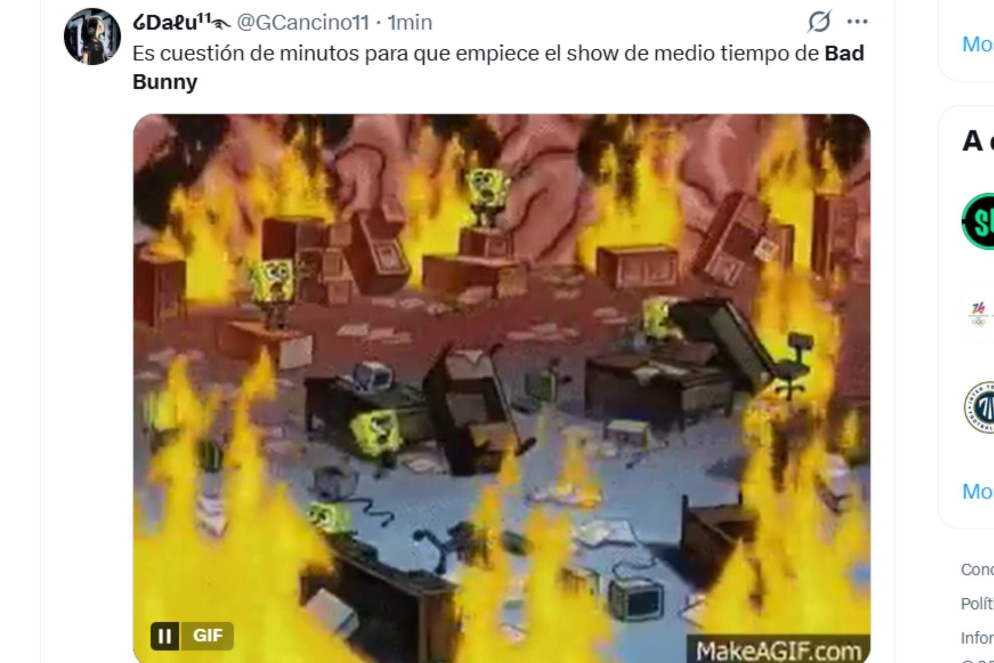 Super Bowl 2026 Show de Medio Tiempo Memes: Todos los memes del show de Bad Bunny en el Super Bowl Evidentemente las redes arden entre los que idolatran al boricua y los que no lo aguantan. X (antes Twitter) Actualizado: 08/02/2026 19:49 horas