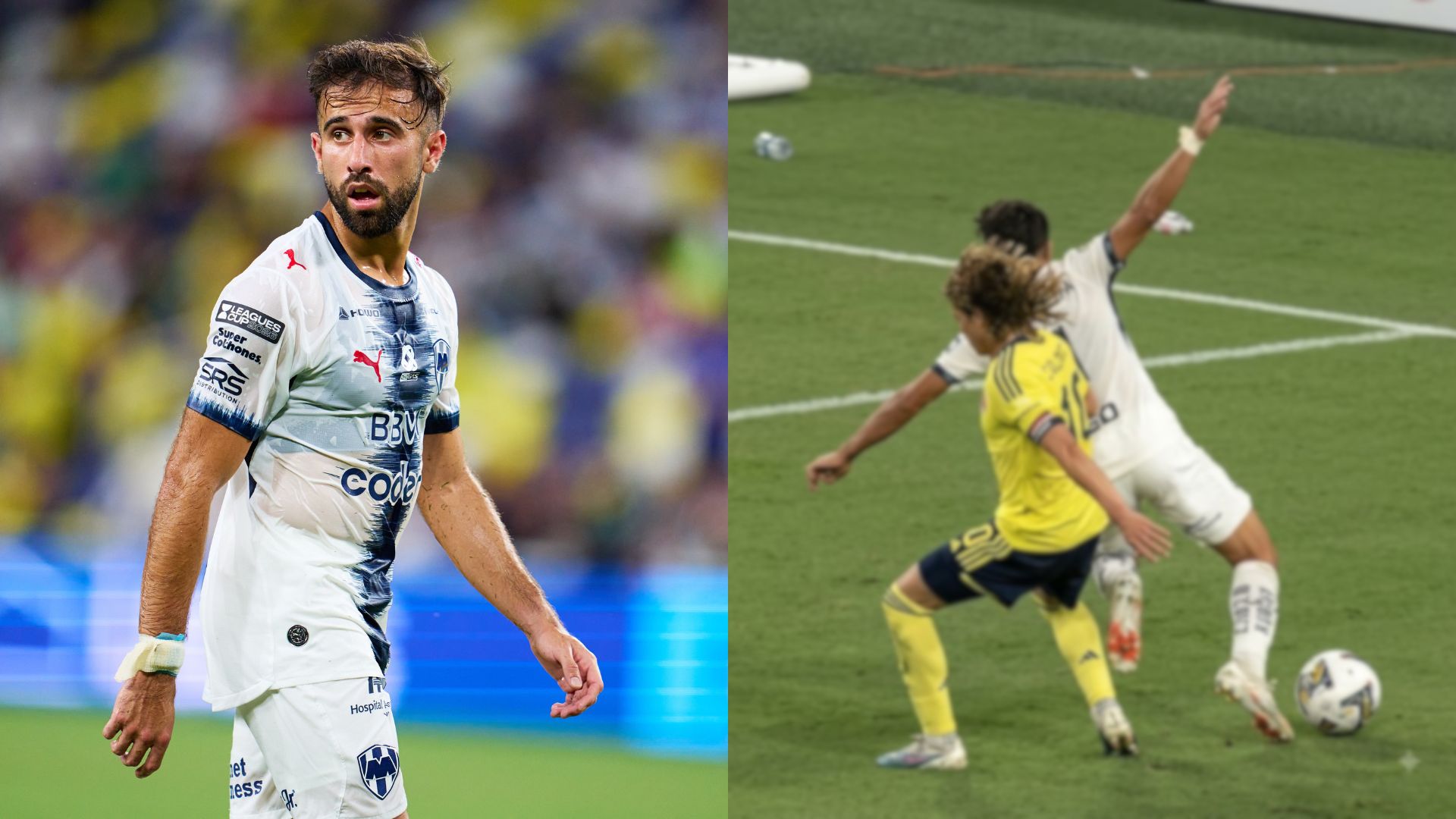 Rayados reclamó una posible pena máxima durante el duelo ante Nashville SC por una acción dentro del área que involucró a Diego Rossi y Brunet. / ESPECIAL MEXSPORT CAPTURAS DE PANTALLA