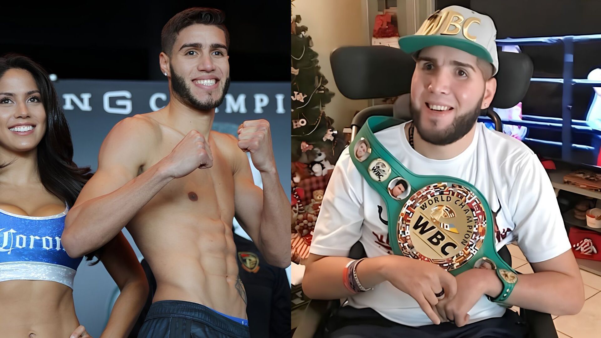 Prichard Colón durante el pesaje previo a una pelea / Prichard Colón en silla de ruedas durante su recuperación