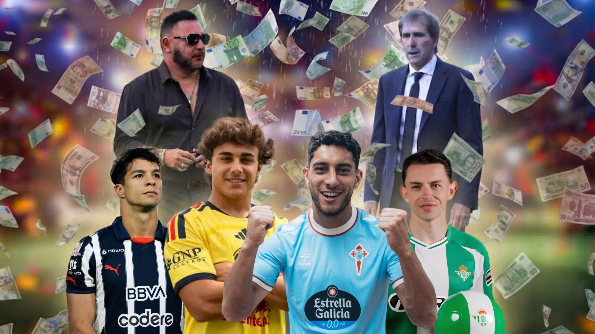 Óliver Torres, Carlos Álvarez, Sebastián Cáceres, Álvaro Fidalgo, Antonio Mohamed y Guillermo Almada. / MARCA MX con IA