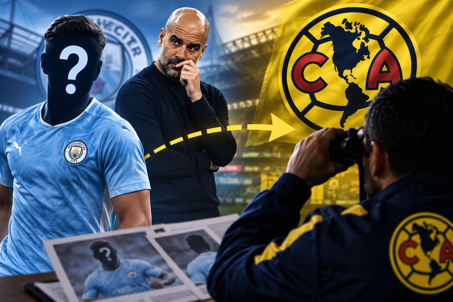 Guardiola y el escudo de Club América. IMAGEN CREADA CON IA